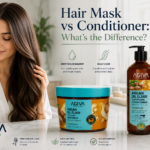 Woman with healthy hair alongside AGIVA Argan Oil Hair Mask and Two Phase Conditioner explaining the difference between hair masks and conditioners.