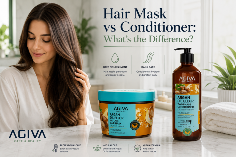 Woman with healthy hair alongside AGIVA Argan Oil Hair Mask and Two Phase Conditioner explaining the difference between hair masks and conditioners.