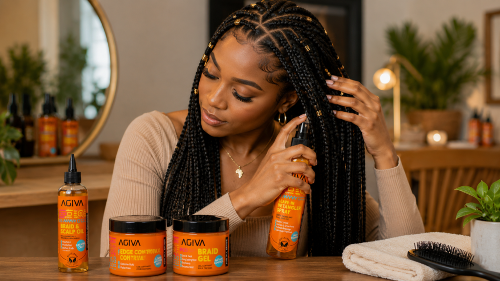 Woman applying AGIVA braid care products to maintain healthy box braids and protective hairstyles.