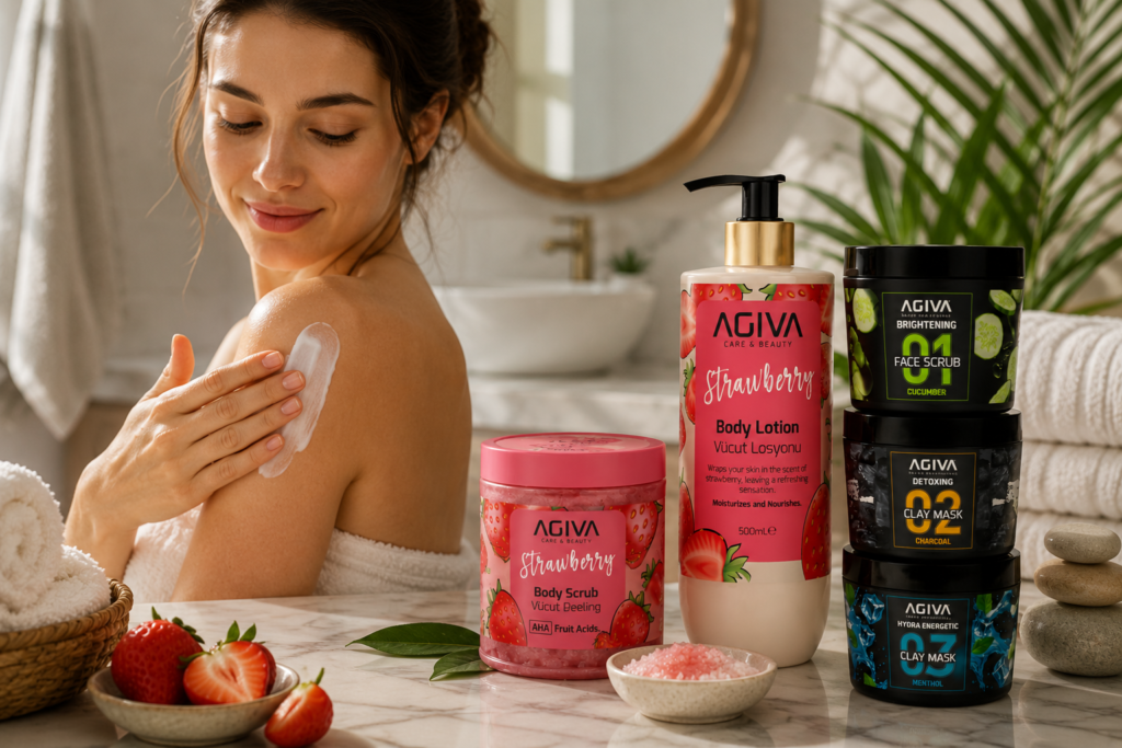 Woman applying AGIVA body lotion with body scrub, face scrub and clay masks