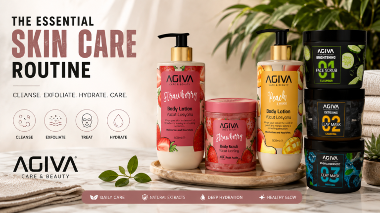 AGIVA essential skin care routine with body lotion, body scrub, face scrub and clay masks