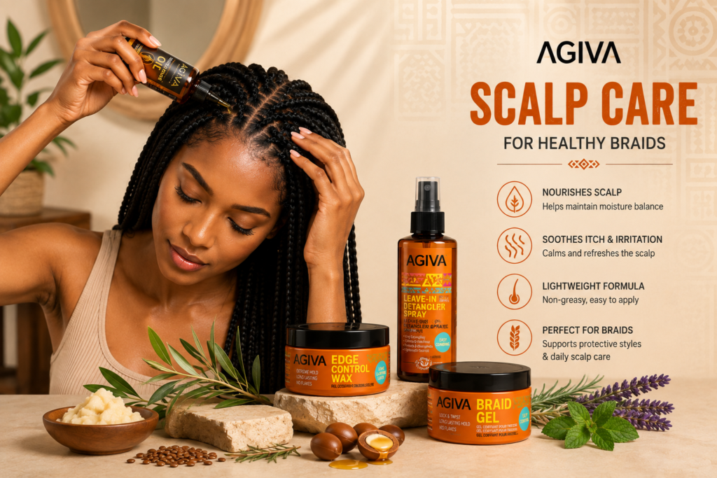 Woman applying AGIVA Braid & Scalp Oil to relieve an itchy scalp while wearing box braids.