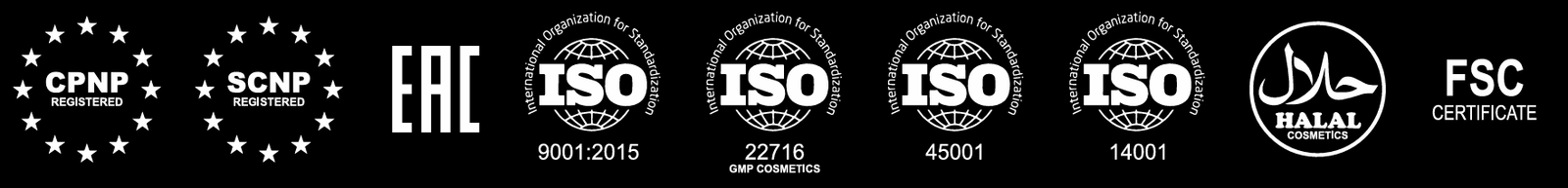 Agiva certifications: ISO 9001, ISO 22716 GMP, ISO 45001, ISO 14001, Halal, CPNP, EAC, FSC