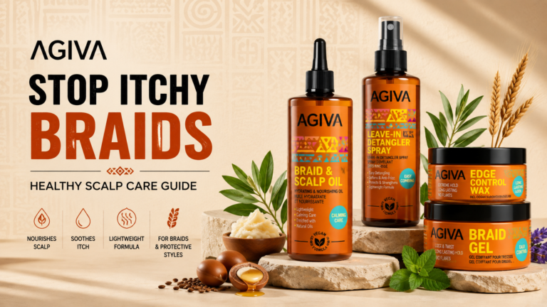 Woman with healthy box braids using AGIVA Braid & Scalp Oil for a healthy scalp.