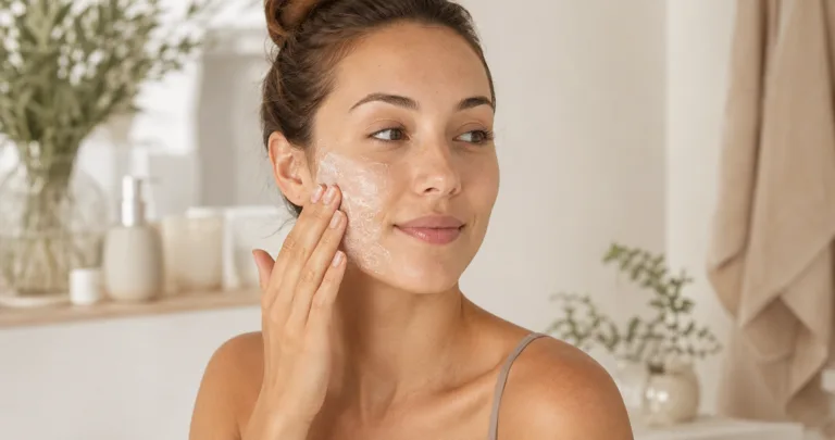Woman gently exfoliating her face as part of a balanced skin care routine
