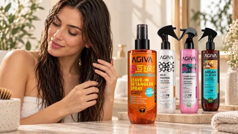 Woman applying leave-in conditioner to damp hair with AGIVA hair care products
